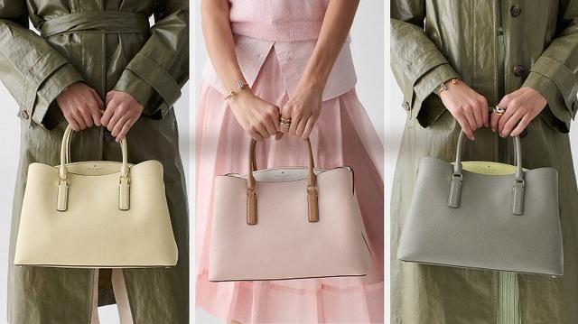 a woman holding a purse in each hand in different colors