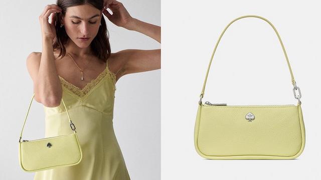 a woman in a yellow dress holding a yellow purse
