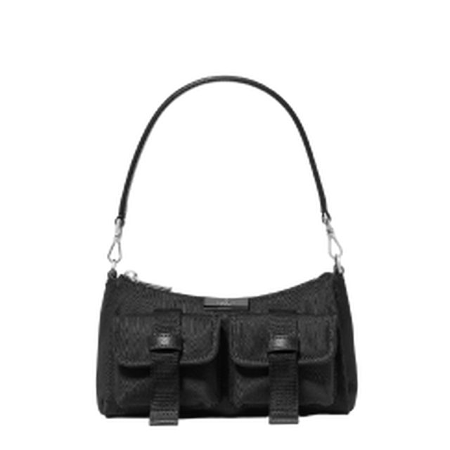 Dark brown textured handbag with front pockets and gold hardware, featuring a single shoulder strap.