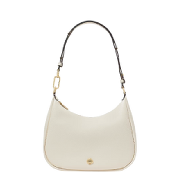 Cream-colored shoulder bag with curved hobo silhouette, single strap, and gold-tone hardware accents.