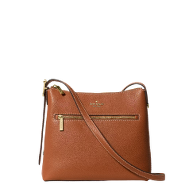 Kate Spade brown leather crossbody bag with front zip pocket and adjustable strap.