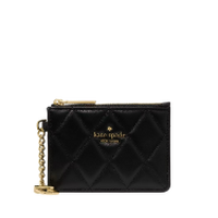 kate spade new york black leather card case with gold chain and logo.