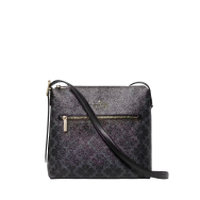 Black monogram crossbody bag with front zip pocket and adjustable shoulder strap.