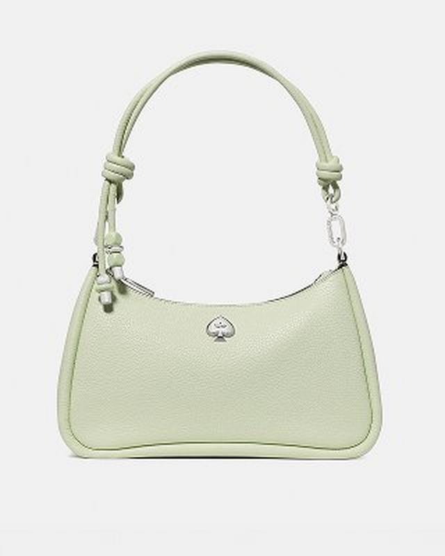 Light green leather shoulder bag with knotted handle and silver-tone hardware.