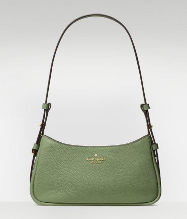 Kate Spade green pebbled leather shoulder bag with adjustable brown strap and gold logo.