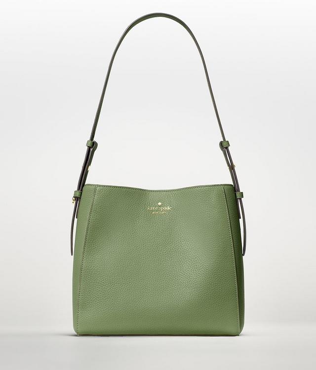 Kate Spade green leather shoulder bag with adjustable strap and silver logo plaque.