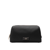 Black leather Kate Spade New York cosmetic bag with gold logo plate and zipper closure.