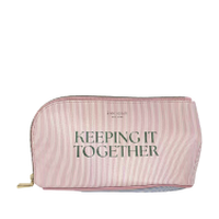 Pink and white striped cosmetic bag with 'KEEPING IT TOGETHER' text on front.