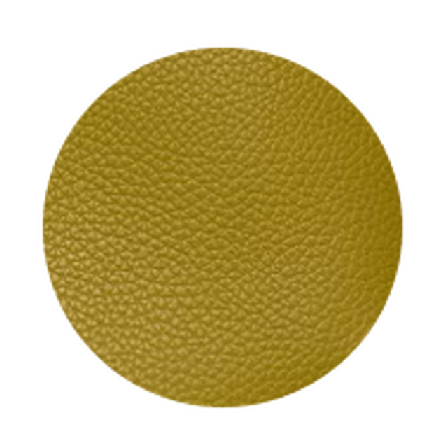 Textured olive green circular leather or vinyl material swatch displaying a pebbled surface pattern.