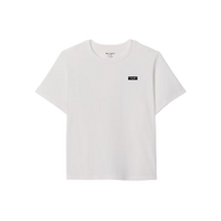 White cropped t-shirt with small black logo on the chest.