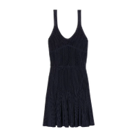 Black ribbed knit mini dress with thin straps and flared hem.