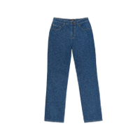 Medium wash blue denim jeans with a straight leg fit and classic five-pocket styling.