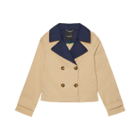 Beige double-breasted jacket with navy blue collar and lapels displayed flat.