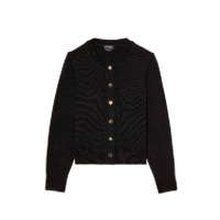 Black quilted jacket with button front closure and long sleeves.