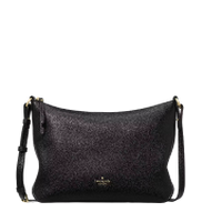 Black textured leather shoulder bag with adjustable strap and gold-tone hardware.