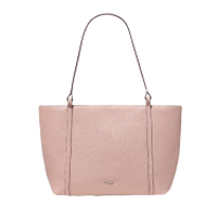 Pink leather tote bag with silver chain straps and structured silhouette.