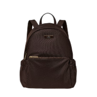 Kate Spade brown leather backpack with zip pocket and adjustable straps.