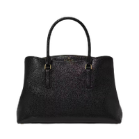 Black textured handbag with double handles and gold-tone hardware.