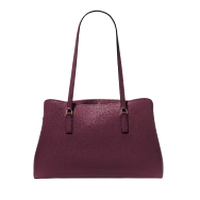 Burgundy leather handbag with double shoulder straps and gold-tone hardware.