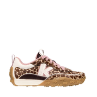 Leopard print sneaker with pink fabric accents and tan gum sole.