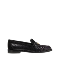Black woven leather loafer with perforated detail and low heel.