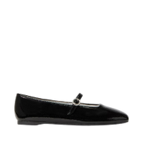 Black patent leather Mary Jane flat with single strap across vamp and small bow detail.