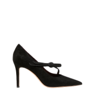 Black pointed-toe pump with bow detail and stiletto heel.