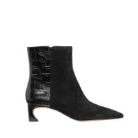 Black pointed-toe ankle boot with crocodile-embossed panel detail and low block heel.