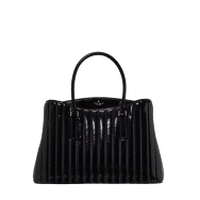 Black quilted handbag with structured rectangular shape, top handles, and glossy finish.