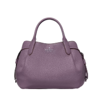 Purple textured leather handbag with dual top handles and structured dome shape.