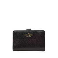 kate spade glitter wallet in black with snap closure and gold logo.