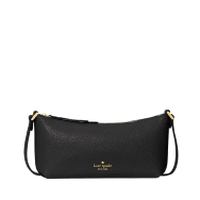 Black Kate Spade shoulder bag with adjustable strap and gold-tone logo plaque.