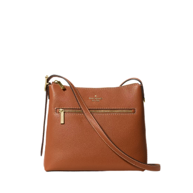 Dark brown textured handbag with front pockets and gold hardware, featuring a single shoulder strap.