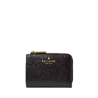 Kate Spade black glitter card holder wallet with zip closure and gold logo plate.