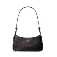 Black leather Kate Spade shoulder bag with curved top and adjustable strap.